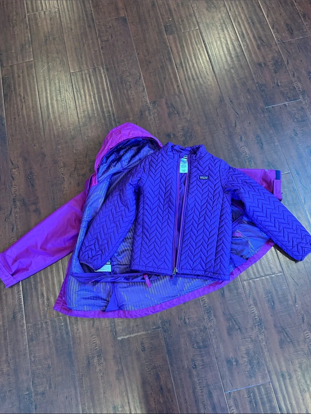Patagonia Kids Purple Hooded Jacket with another removable jacket on the inside